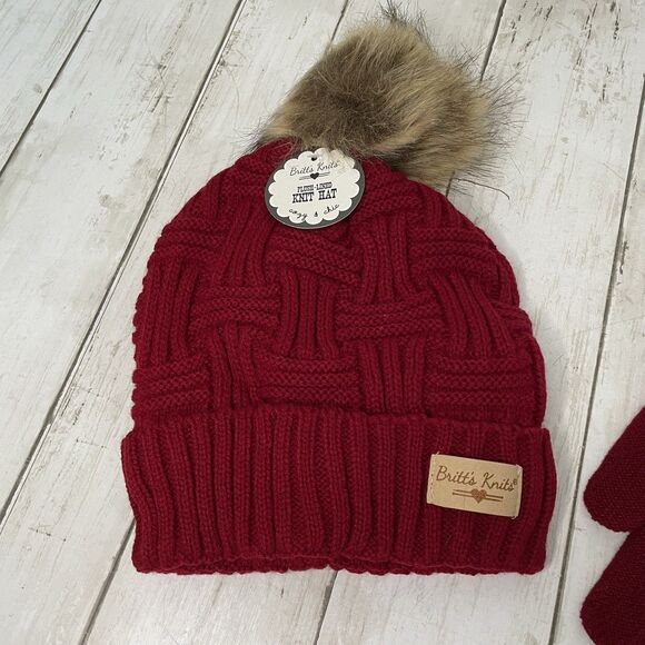 Britt’s Knits Plush Lined Knit Hat W/Faux Fur Pom & Matching Glove Set R… - Picture 3 of 9